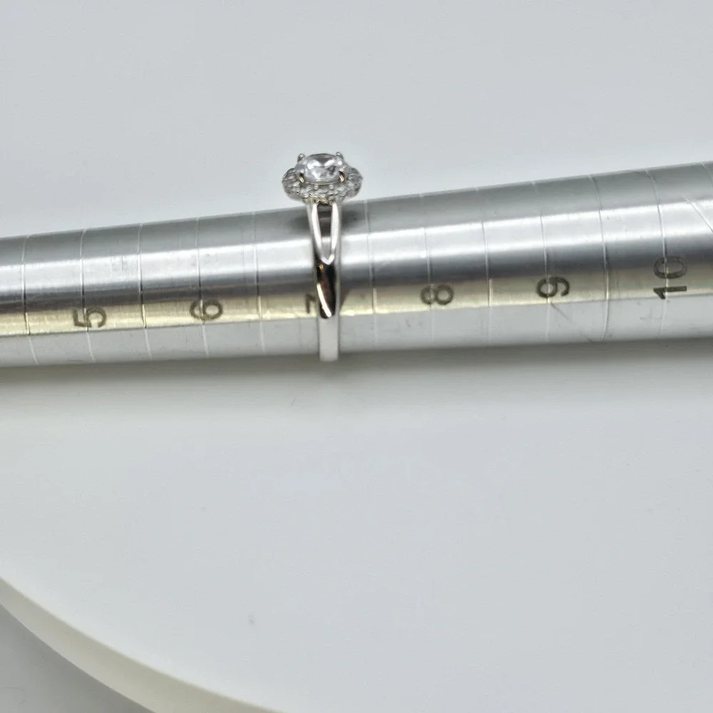 Vtg CN Signed 925 Sterling Silver Ring Halo Cubic Zirconia Split-Shank Size‎ 7